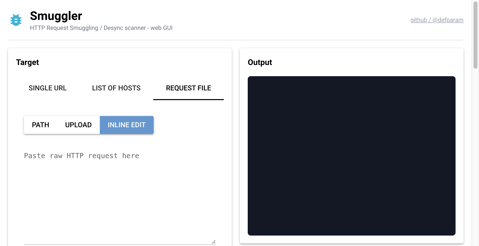 Screenshot of Smuggler web GUI showing Target, Mode and Output panels